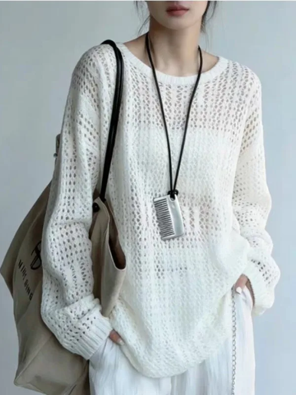 

Korean Style Women's Loose Knitted Hollow out Sun Protection Top Comfortable Lazy Style Long Sleeve round Neck Pullover
