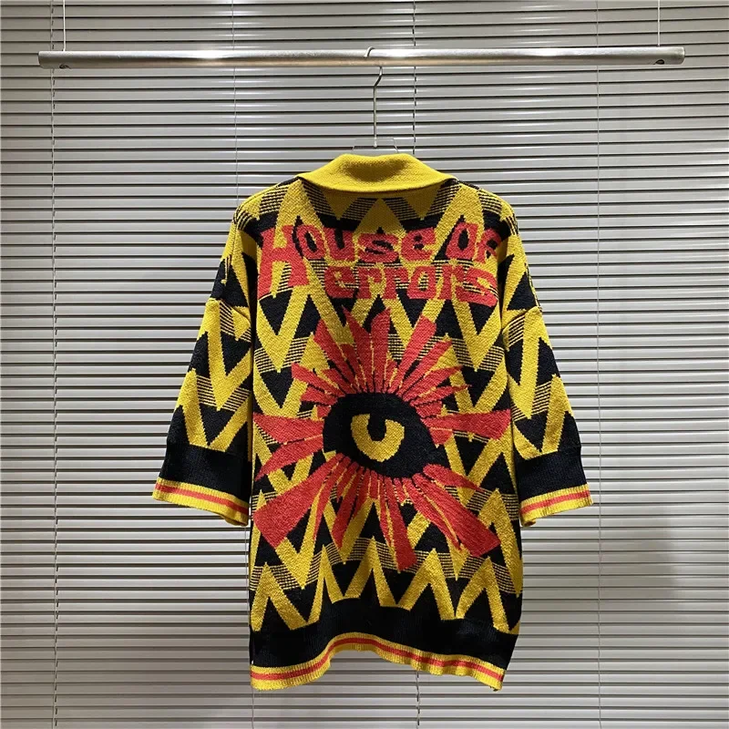 House of Errors Diamond Grid Wavy Pattern Sweaters Men Women 1:1 Good Quality Knitt Polo Collar Short Sleeve Tops loose casual