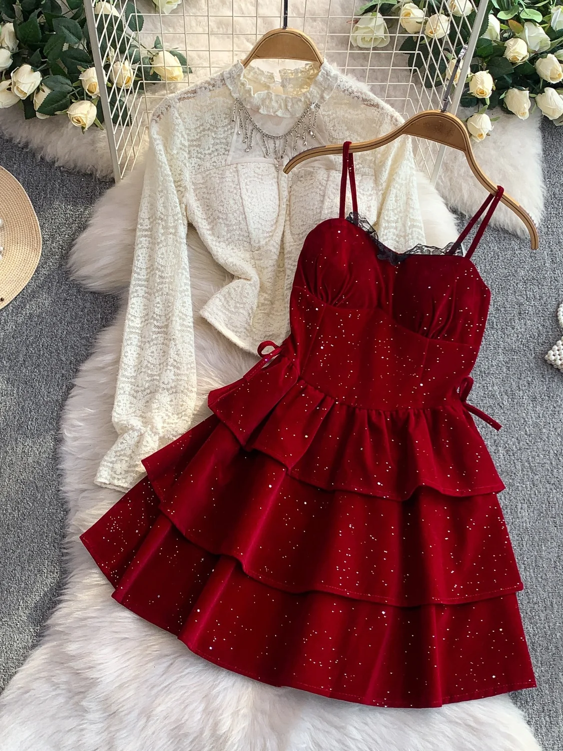 

Тяжелый кружевной круглый комплект с блестками и ремешками Cake Dr, женский утягивающий модный костюм из двух предметов с бахромой