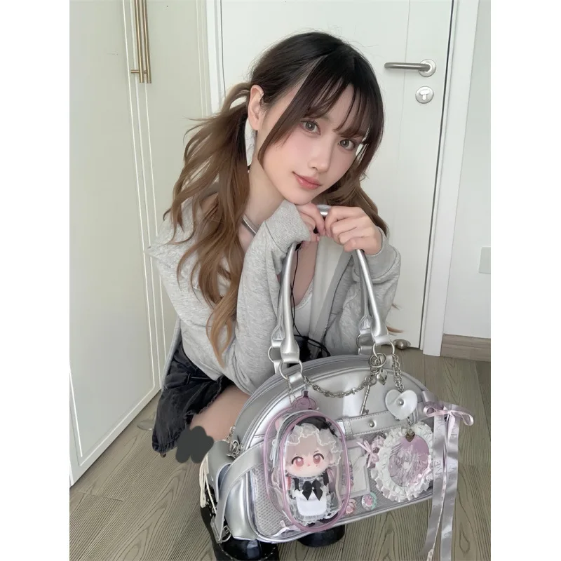 Japanese Silver Ita Bags Women Sweet Cool Girls Pu Leather Bowling Bag Handbag Female Harajuku Aesthetic Underarm Bag view 5
