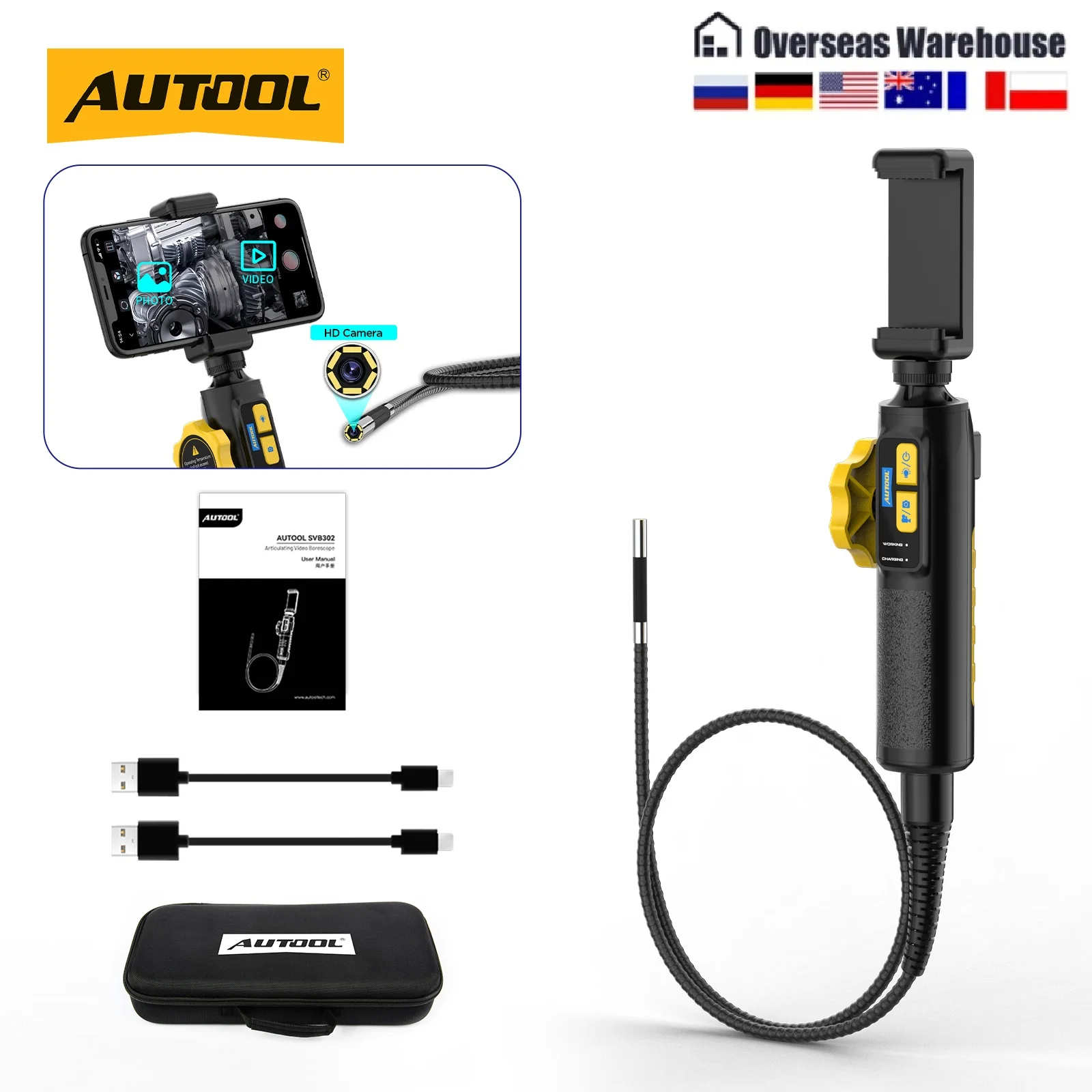 AUTOOL SVB302 1080P HD Steering Borescope Endoscope 4 Way Articulating 6 LED IP67 Waterproof USB Inspection Tool for Automotive