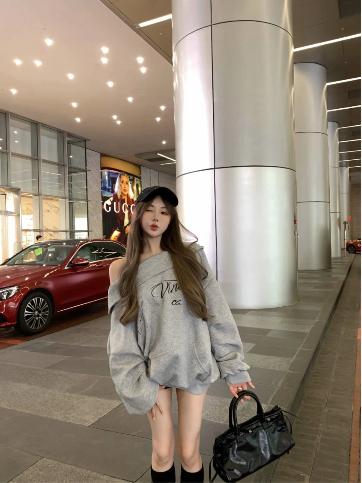 아메리칸 스타일 루즈핏 그레이 긴팔 스웨트셔츠 여성 스트리트웨어 숄더 프린트 오버사이즈 코트 레이지 가을 탑