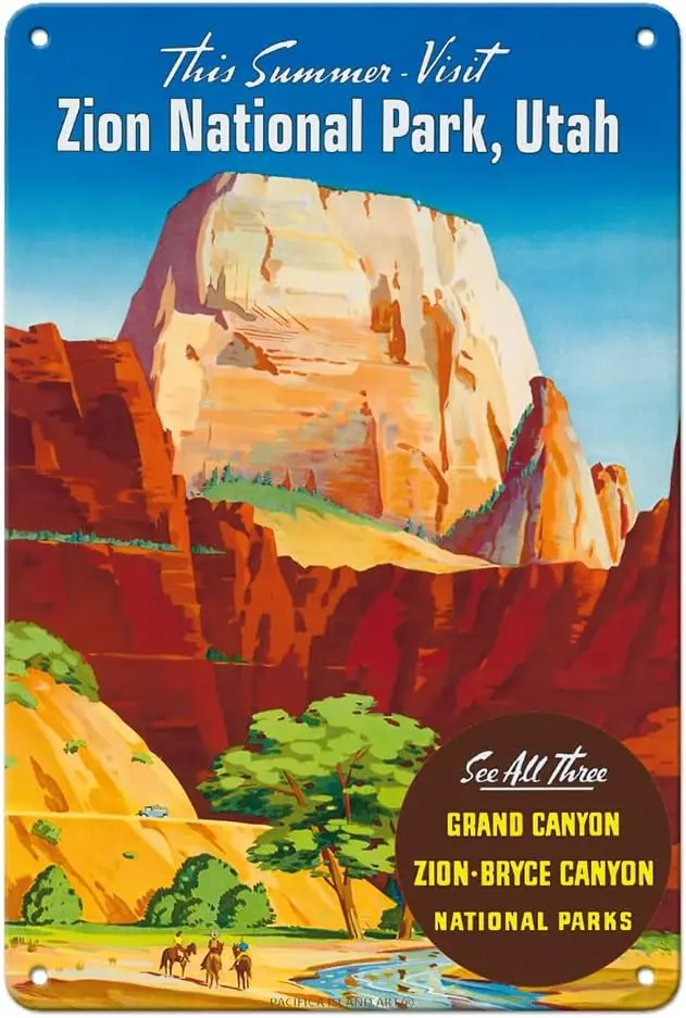Pacifica Island Art Zion National Park - Great White Throne Monolith Vintage Travel Poster c.1950s  Metal Tin Sign-a