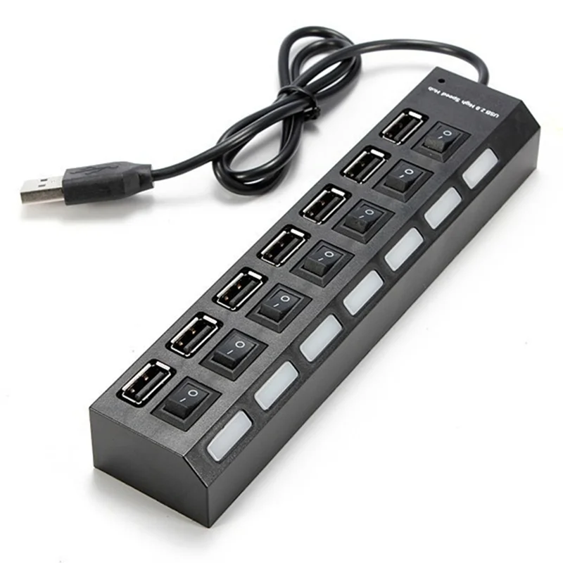 B47C USB Hub موسع 7 منافذ محطة إرساء 5 قطع 7 منفذ Hub أبيض وأسود مع محور الضوء التبديل