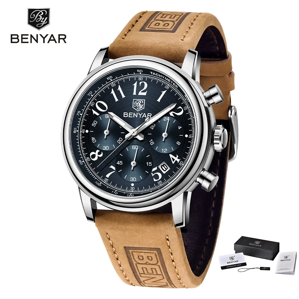BENYAR New Sports Men Watch 50ATM Waterproof Leather Military Watches Top Brand Luxury Men Quartz Wristwatches Reloj Hombre