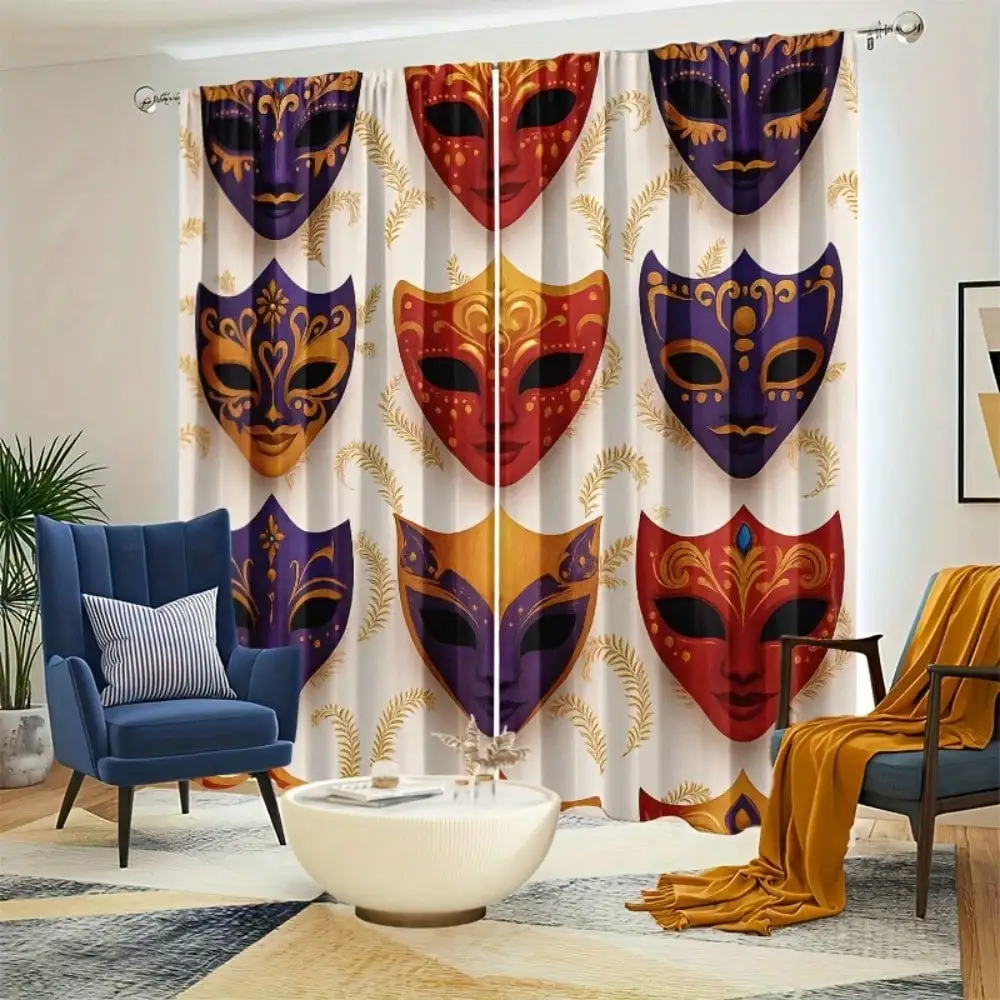 2pcs Venetian-Style Mask Print Curtains - Vibrant Purple & Red With Golden Patterns Semi-Sheer Privacy Window Drapes For Bedroom