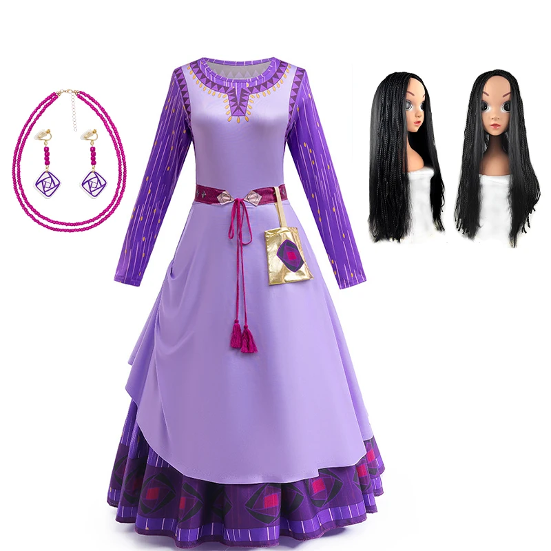 

2025 New Year Toddlers Purple Princess Carnival Cosplay Dress With Wig Autumn Winter Birthday Party Outfits Clothes 1-12Y