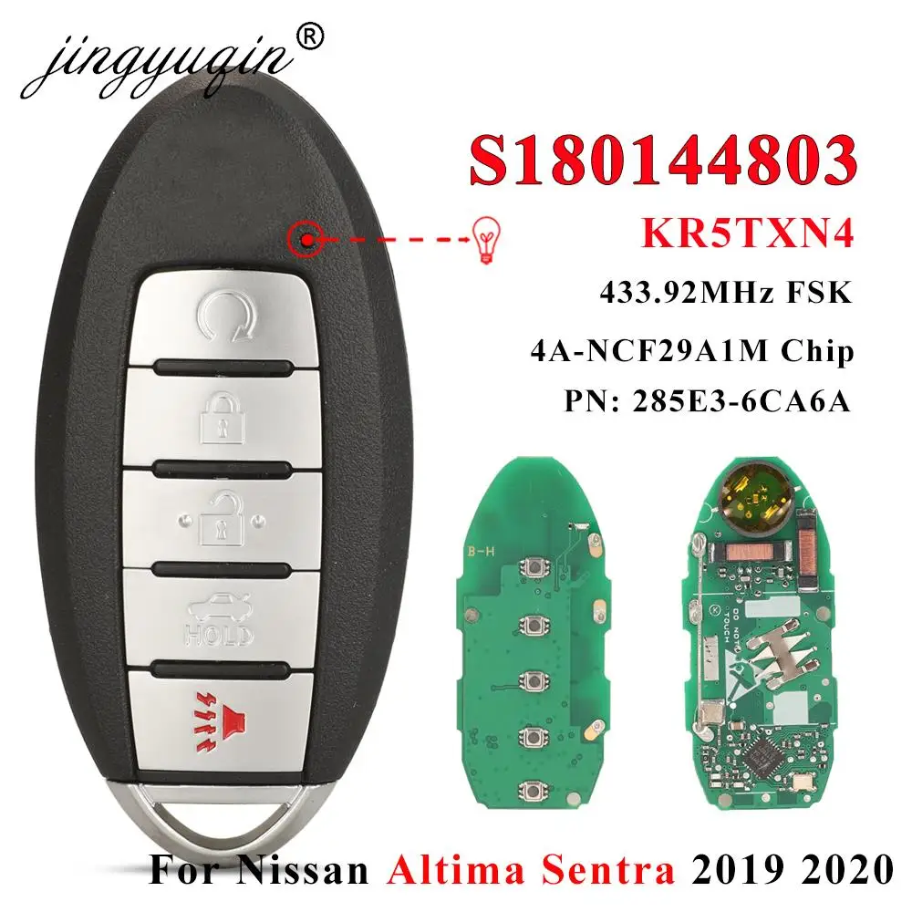 

jingyuqin S180144803 KR5TXN4 Remote Smart Keyless for Nissan 2019 2020 Altima Sentra 433MHz NCF29A1M 4A Chip 5Button Fob Car Key