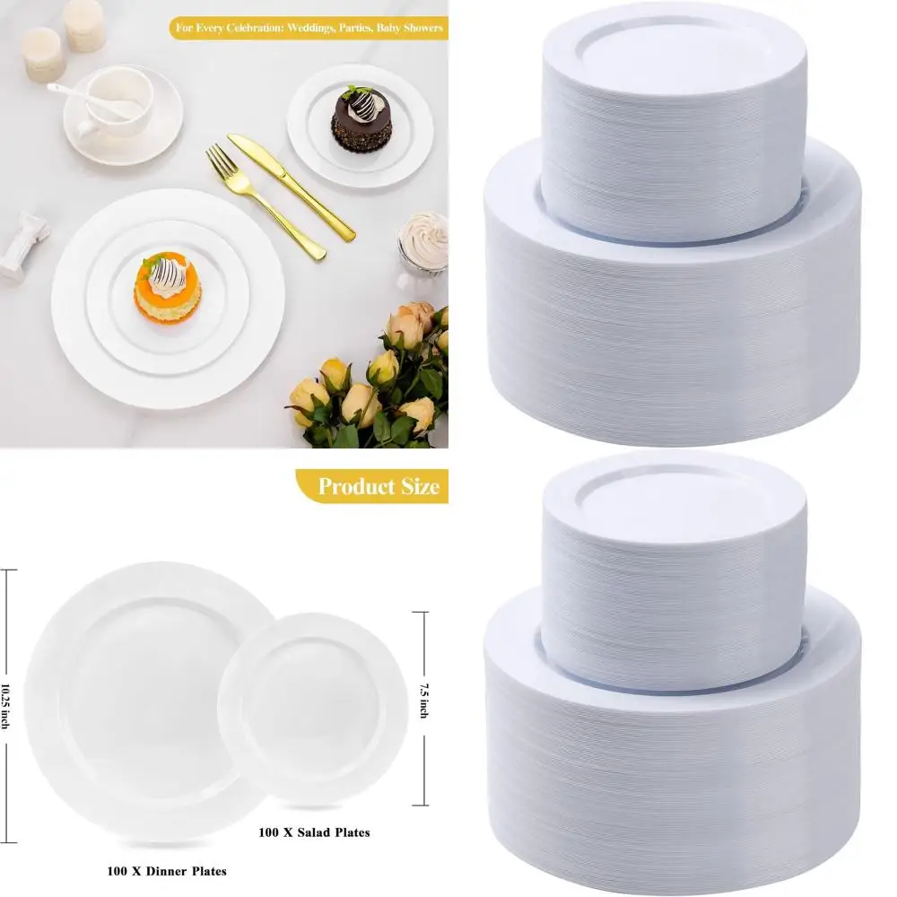 

100 Heavy-Duty 10.25 Dinner & 100 7.5 Dessert White Plastic Plates for Parties & Special Occasions