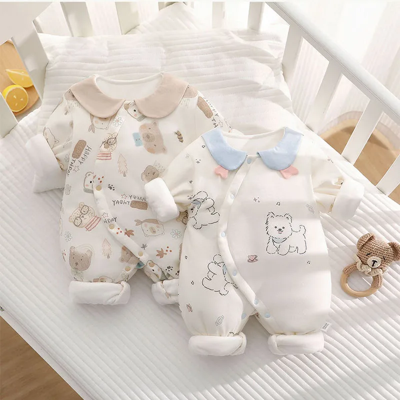 2025 Winter 100% Cotton Inner Thick Baby Jumpsuit Turn-Down Collar Side-release Button Animal Print for Boys Girls 0-18M