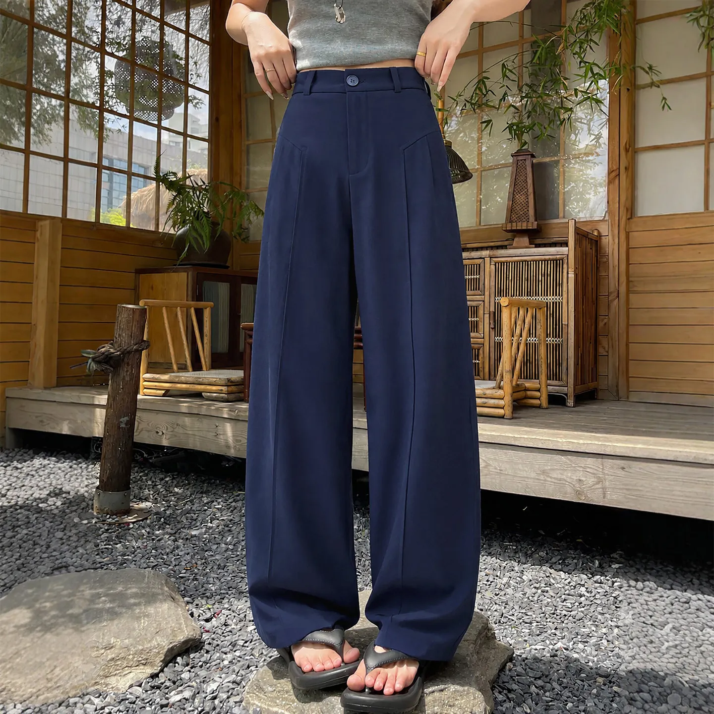 

High Waist Linen Wide Leg Pants Women's Summer Thin New Style Dark Blue Straight Tube Suit Pants Casual High Waist Trousers