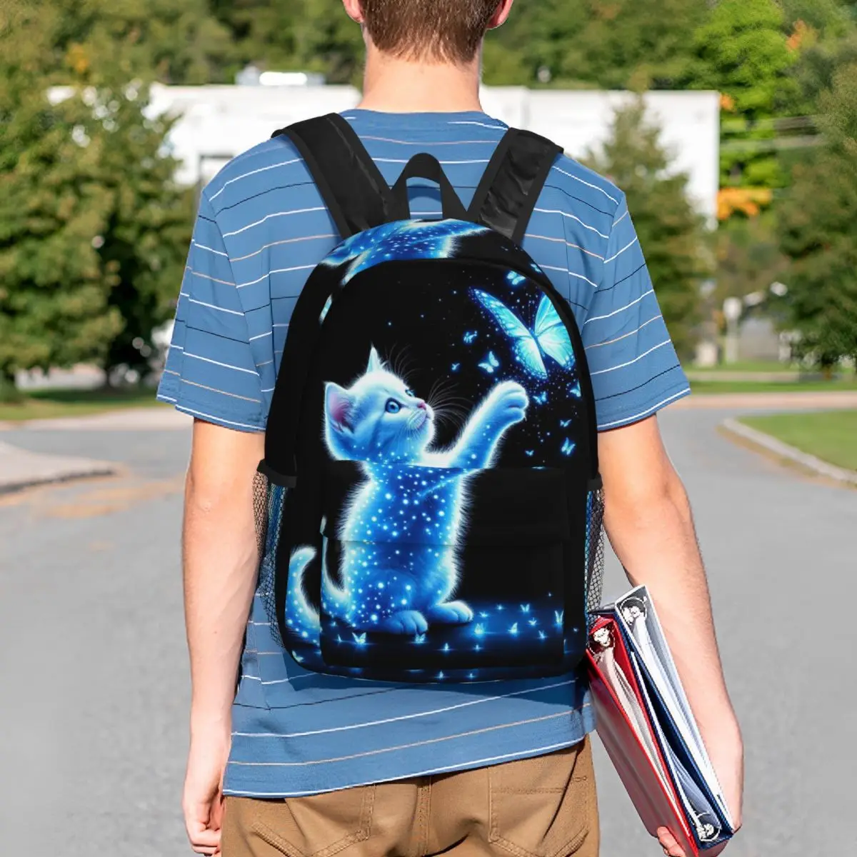 Cat And Glowing Butterfly Backpack Student BookBag Kids School Bag Computer Shoulder Bags for Men Women