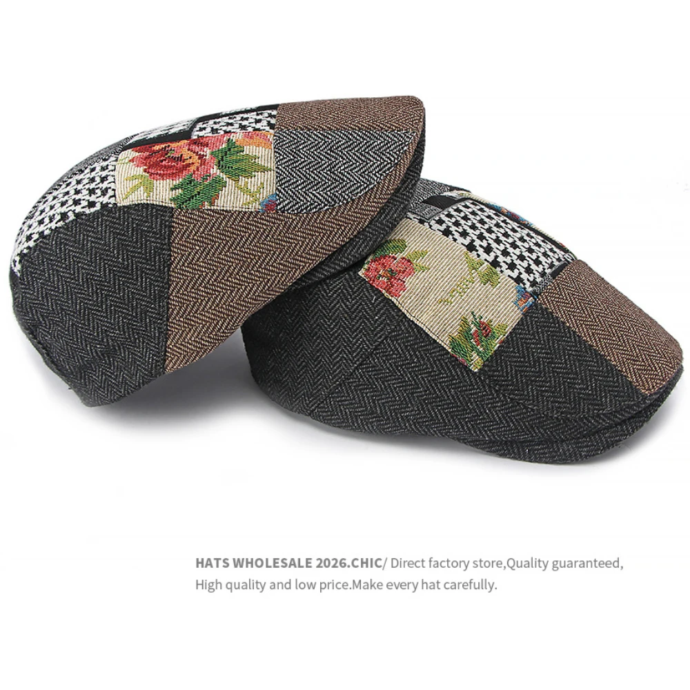 HT5158 Herren-Baskenmütze Vintage Patchwork Künstler-Malermütze Verstellbare Ivy-Flatcap für Männer und Frauen Herbst Winter Karierte Baskenmütze – Detail 3