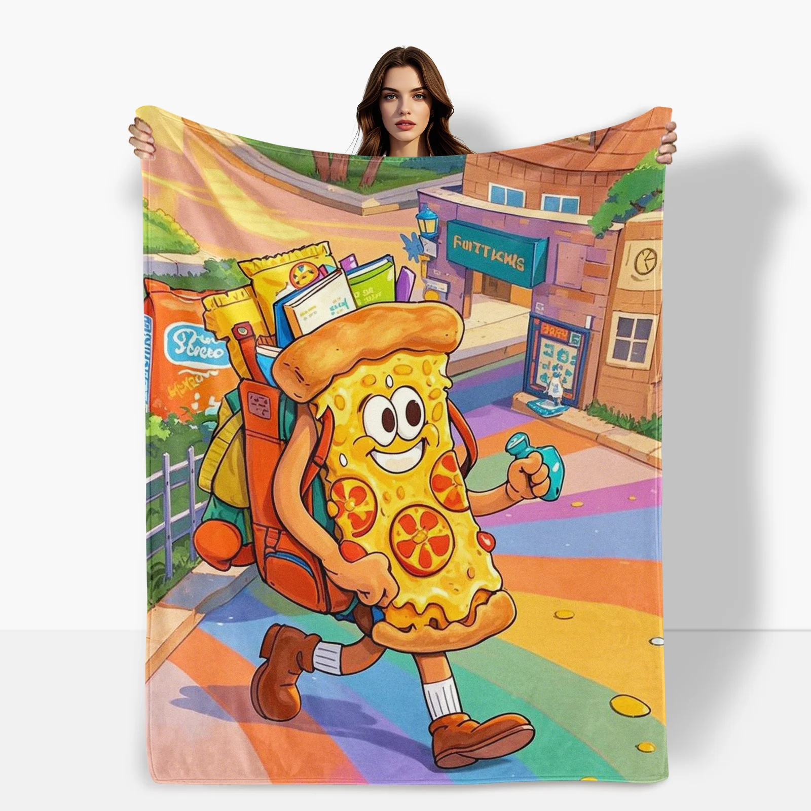 Pizza Themed Blanket Featuring Backpack Snacks Path And Colorful Designs For Artistic Home Decor And Unique Gift Idea