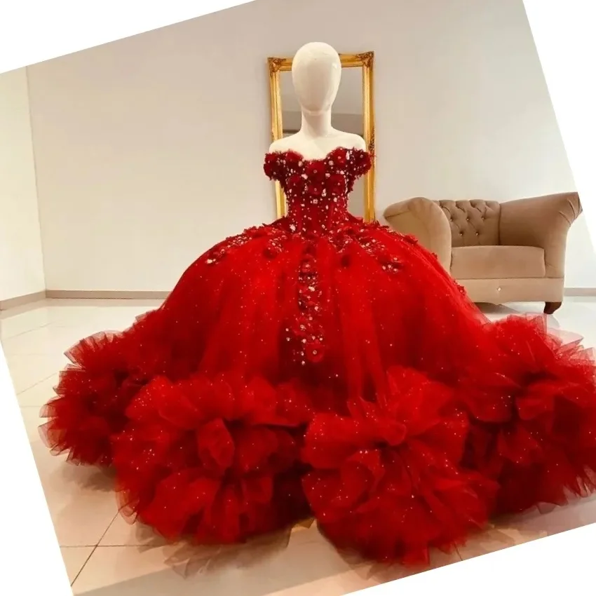 Luxury Red Flower Girls Dress For Weddings Floral Applique Glitter Bead Bow Back Birthday Gown Ruffles Customized