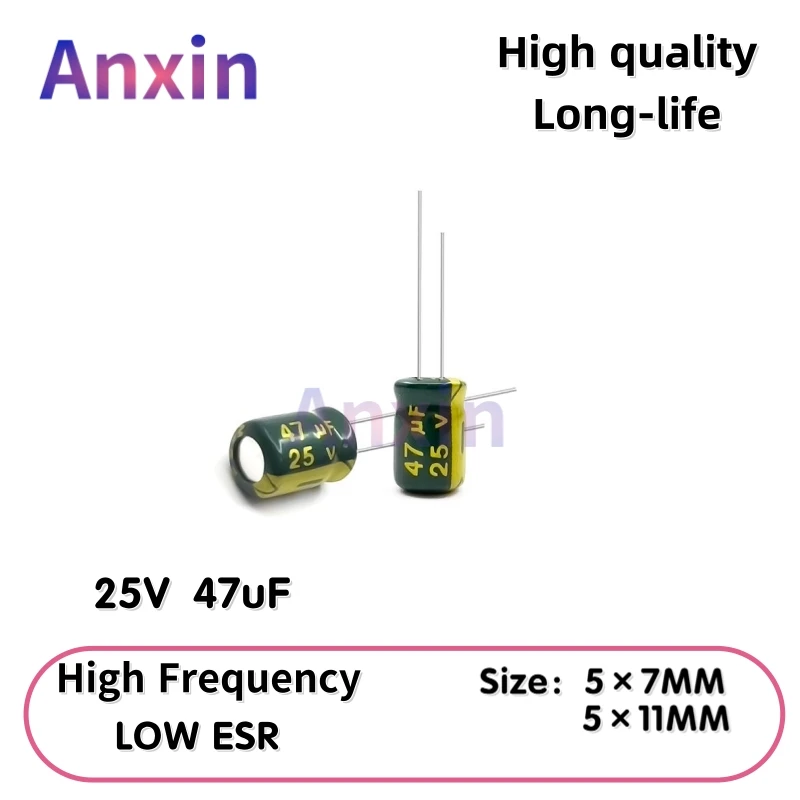 

50PCS 25V47uF Aluminum Capacitor, High Frequency Low ESR 105°C Radial for Power Supply Long-life 5×7MM 5×11MM
