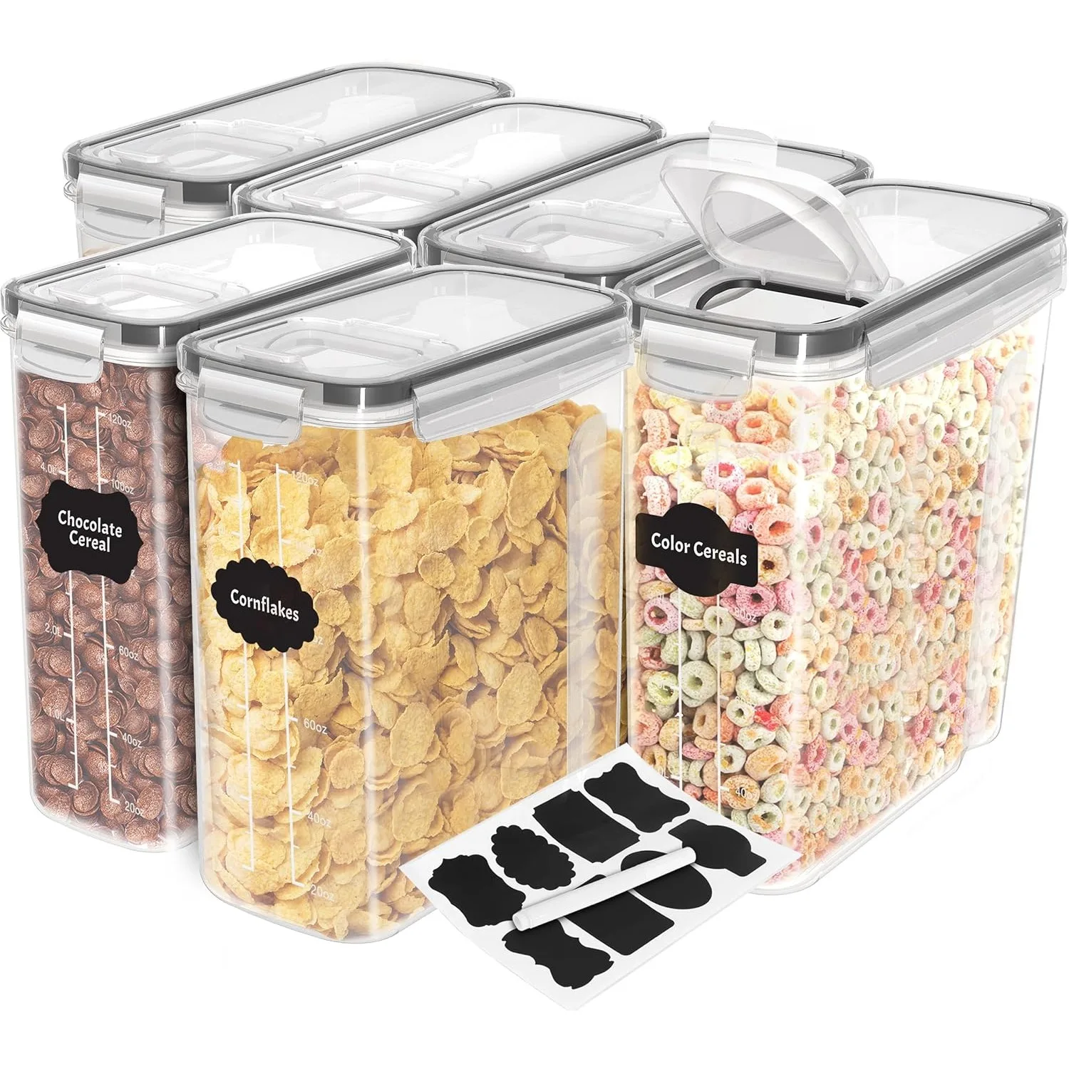 Almacenamiento de contenedores de cereales: recipientes herméticos para almacenamiento de alimentos y dispensador de cereales (transparente, paquete de 4 litros de 6)