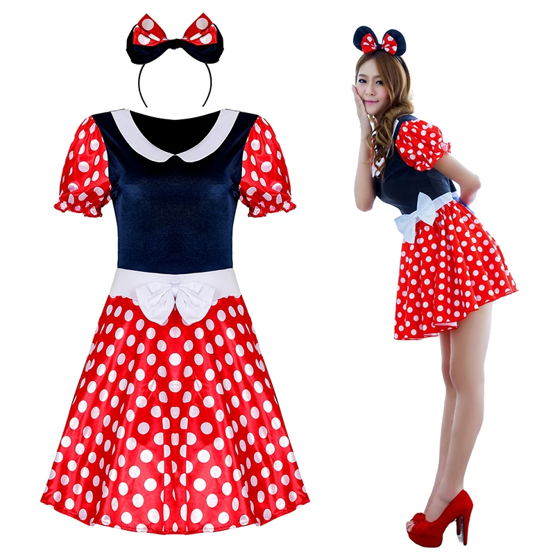 

Cute Minnie Dress Costume Women Mickey Minnie Summer Adult Cartoon Mouse Clothes Headband Set Halloween Cosplay Costumes