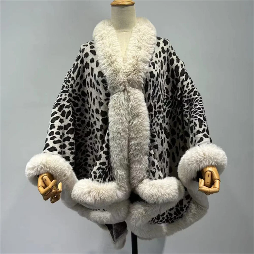 Ciepłe Oversize Leopard Printed Long Poncho Capes Women Wear Loose Overcoat Bat Type Winter Faux Fur Knitted Outstreet Shawl Cloak