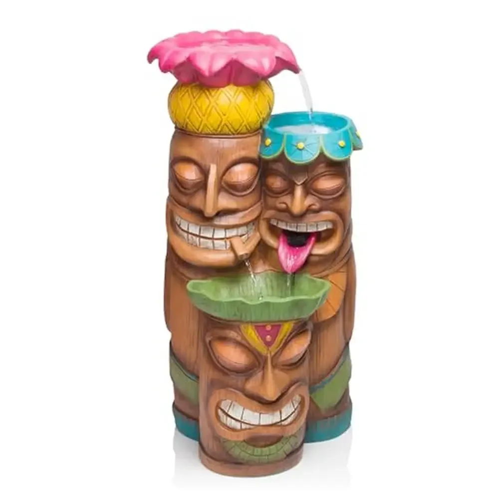 

3-Tiered Tiki Head Water Fountain Indoor/Outdoor Tropical LED Fountain Relaxing Island Sound Polyresin Durable Rust-Resistant 35