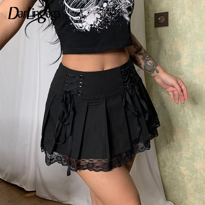 

Darlingaga Gothic Harajuku Lace Trim Pleated Skirt Summer Dark Academia Tie Up Mini Skirts Women Outfits Preppy Style Y2K Bottom