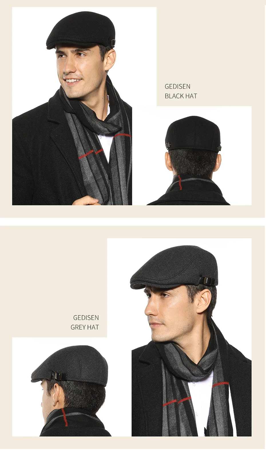 Wolle Vintage Baskenmütze Männer Winter Plus Samt Warme Flache Hut Lässige Berets Retro Mode Zeitungsjunge Mütze männer Zweireiher Einstellbar – Detail 6
