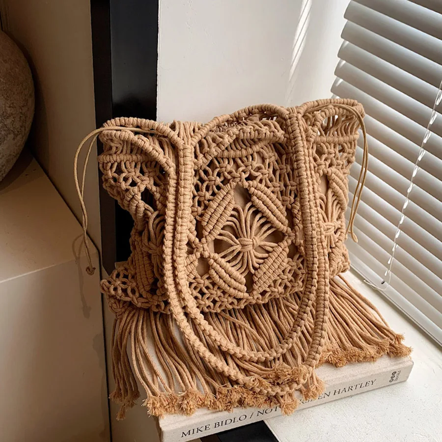 

Summer Cotton Thread Hollowed-Out Woven Single-Shoulder Bag Tassel Knitting Handbags Large Tote Beach Travel Shopper Purse Bolsa