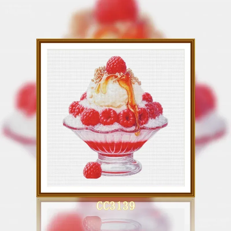 [[CC3139-Raspberry Ice Cream] Stamped Cross Stitch Kit 14CT 16CT Pre Printed Canvas Cotton Thread DIY Embroidery Home Wall Decor