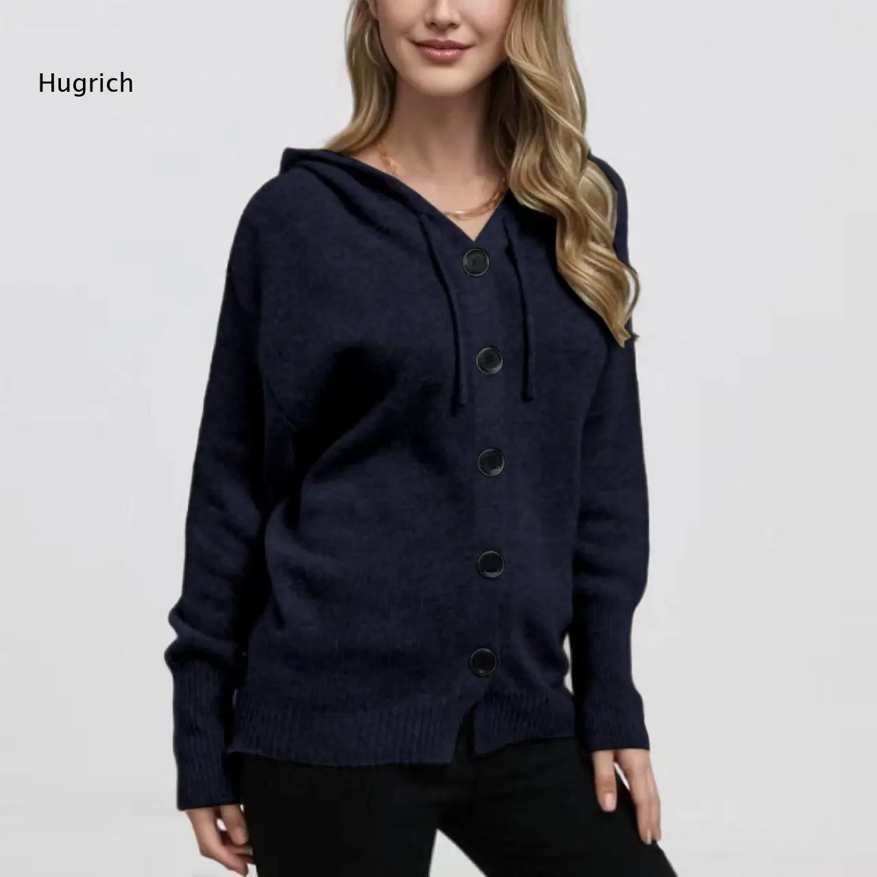 Ladies Soft Knit Hooded Cardigan Button Front Drawstring Hood Long Sleeve Loose Fit Casual Outer Layer For Everyday Wear