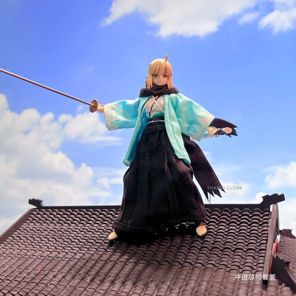 In Stock 1/12 Female Soldier Blue Long Sleeved Samurai Uniform Kimono Flowing Scarf Clothes Set For 6in  Action Figure Body
