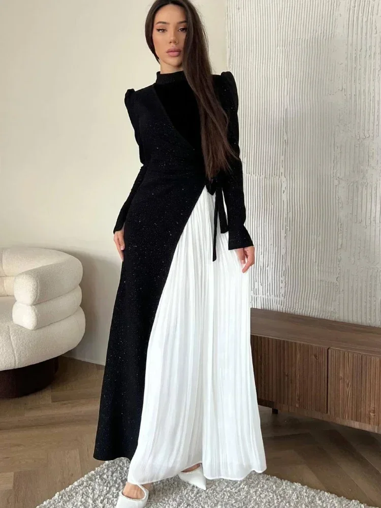 

Temperament Women Bling Dress Block Color Long Sleeve Matching Half Turtleneck Pleated Lace-up Flods Female Elegant Long Dresses