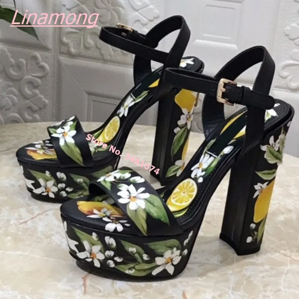 2025 Summer New Luxury Women Sandals Print Open Toe Retro Square High Heel Buckle Leather Platform Free Shipping Party Shoes view 2