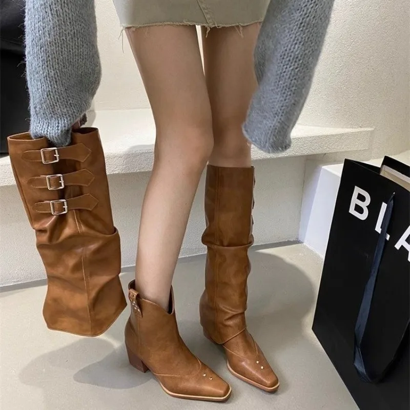 

Women Western Cowboy Boots Fashion Pointed Toe Long Booties Ladies Elegant Thick Heel Shoes Winter Removable Women's Footwear