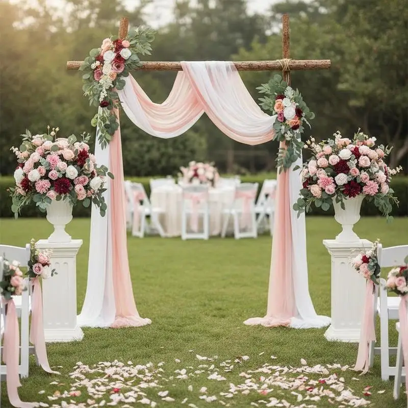 

Faux Floral Swag Set 4-Piece For Ceremony Reception Backdrop, Pink Rose Arrangements Sheer Fabric Drapes Wedding Decoration P