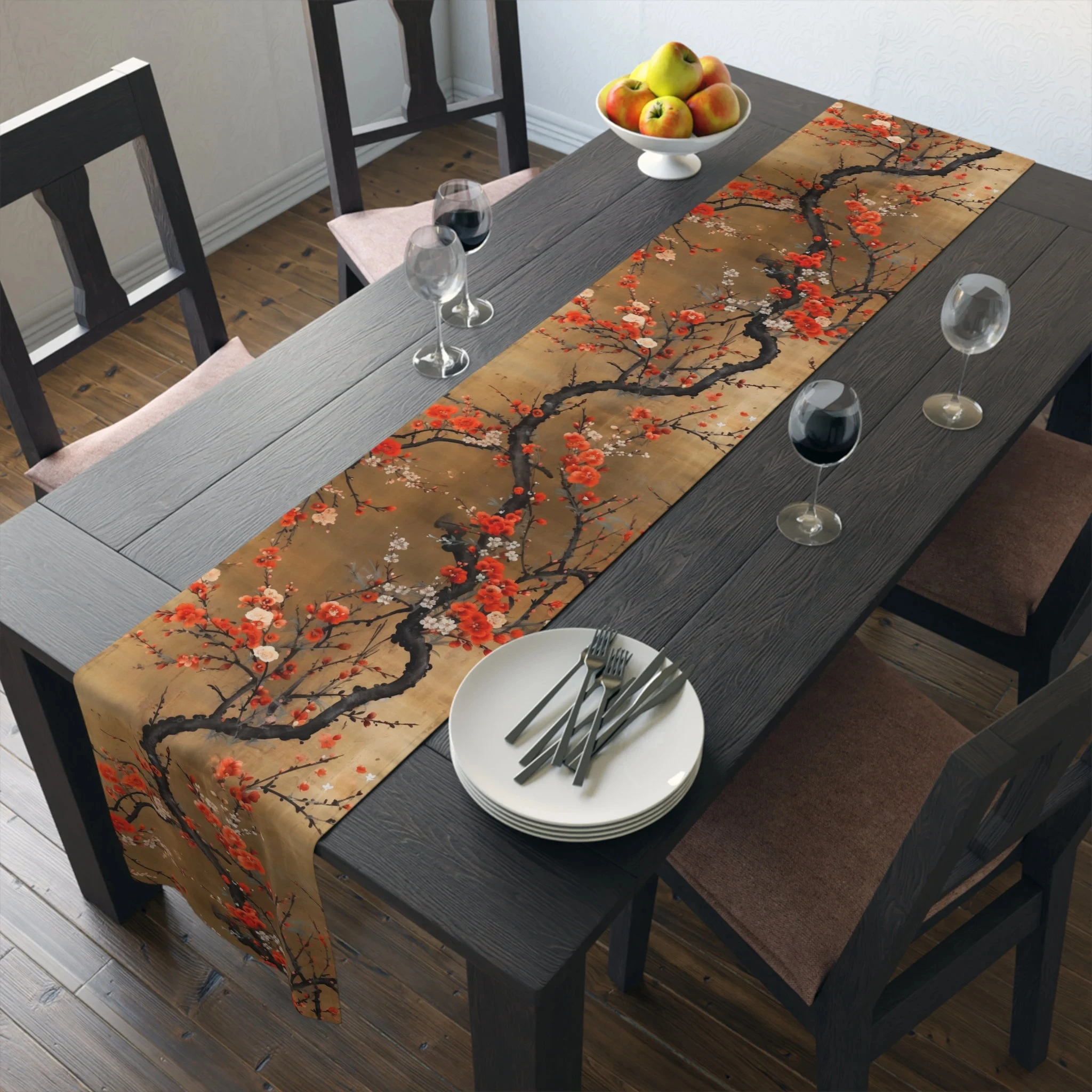 1pc Traditional Plum Blossom Table Runner, Linen 2D Print, Vintage Gold & Red Floral Design for Dining Table, Kitchen & Living R