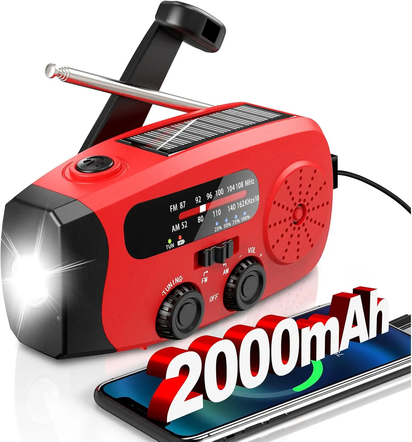 2000 mAh wiederaufladbares Notfallradio, tragbares Handkurbelradio, AM/FM-Radio mit LED, SOS-Alarm, USB-Ladegerät für Camping, Wandern