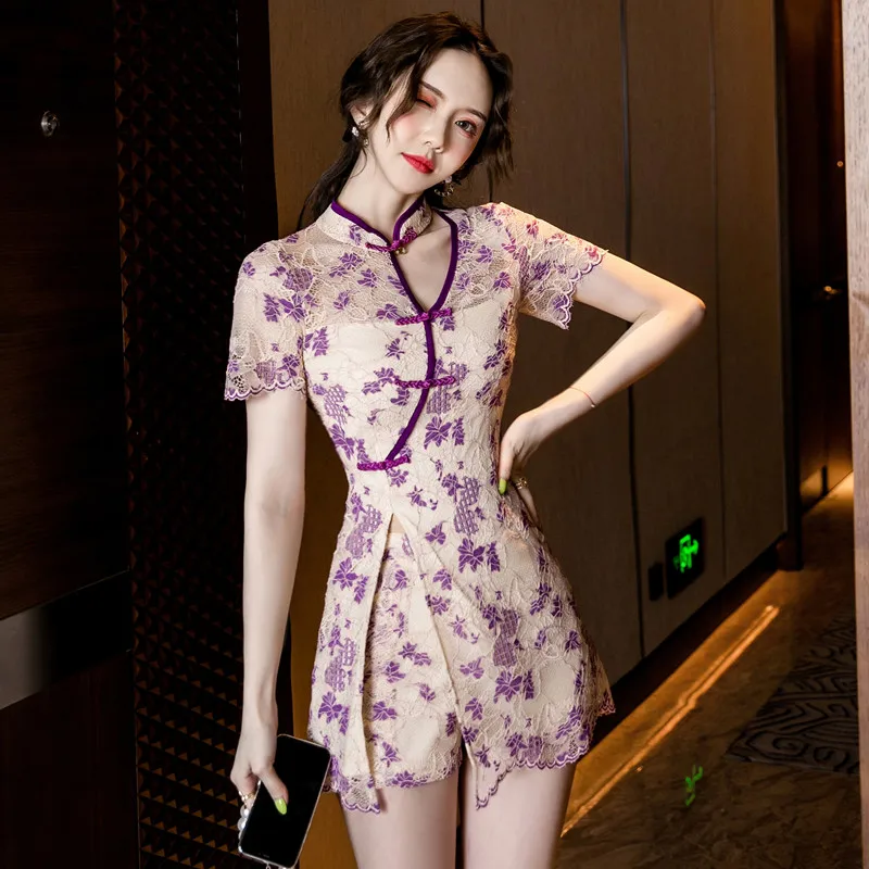 

Casual Daily Wear Lace Qipao Set, 2026 Summer New Chinese Style Two-Piece Sexy Cheongsam, Elegant Short Sleeve Dress