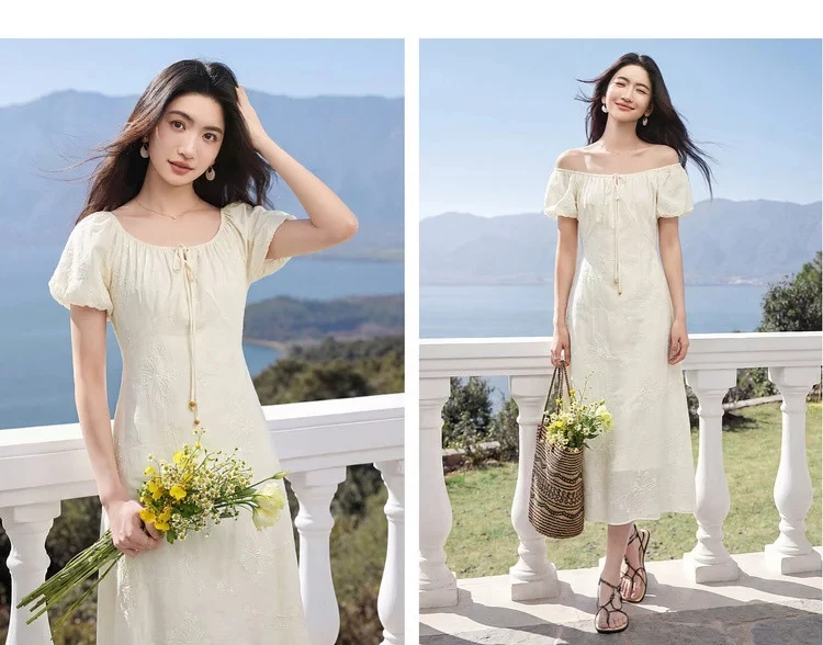 SENTUBILA Damen Lyocell-Kleider 2026 Sommer Elegantes Resort-Style A-Linien-Midikleid mit Wendehals und Stickerei für den Strand 162LO5639 – Detail 23
