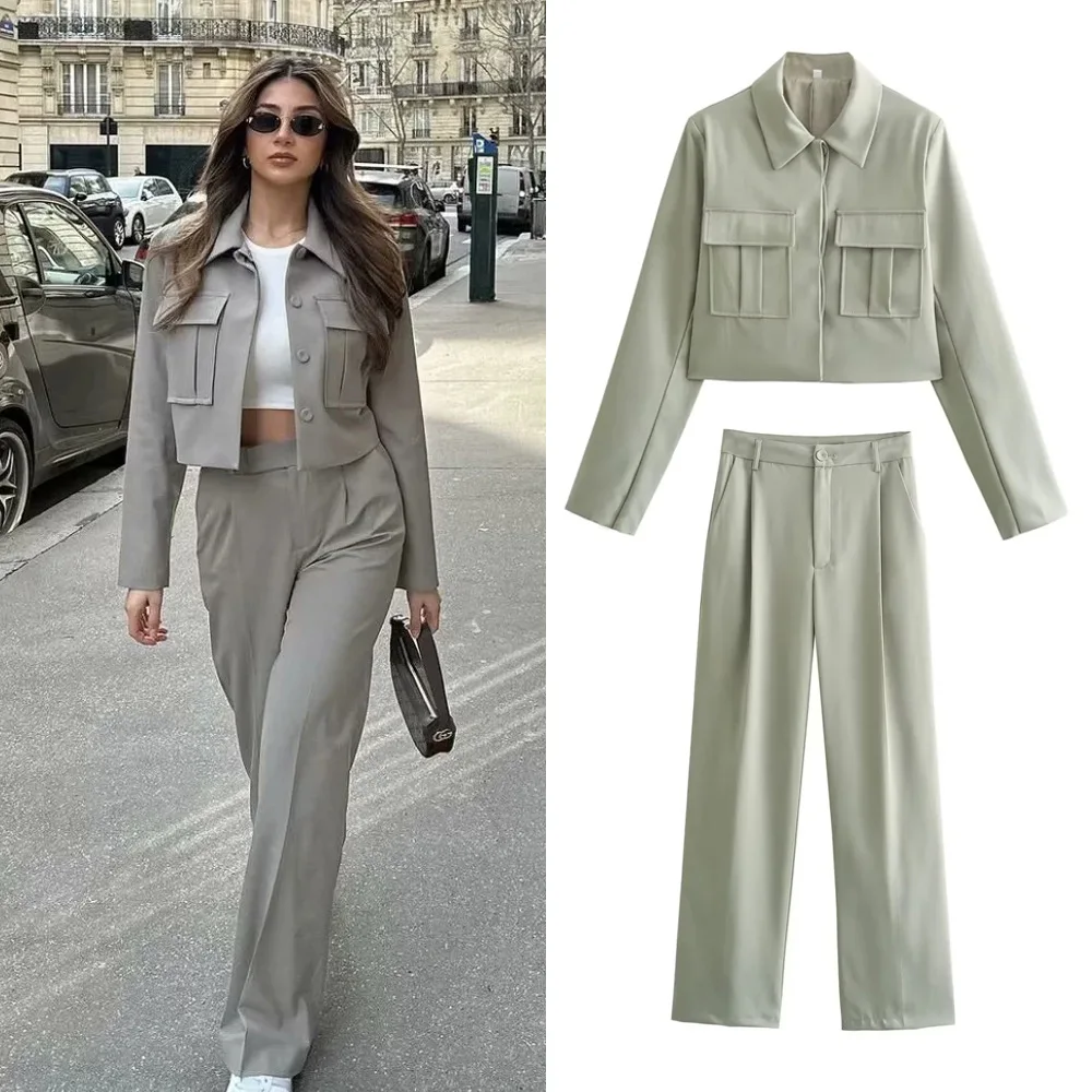 

BWQ Casual Short Blazer Suit Women Pockets Lapel Jacket with Pants New 2025 Spring Summer Holiday Commuter Blazer Suit