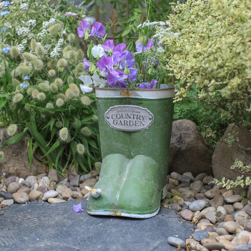 Macetas de flores de Metal para exteriores, Cubo de cesta, macetas de granja verde con botas de hierro para pájaros, decoración de soporte de flores