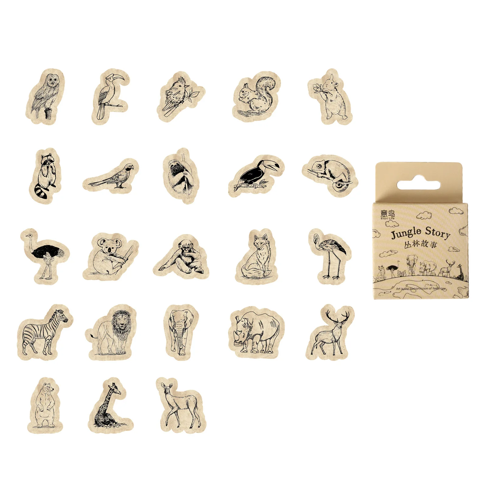 46Pcs Vintage Forest Stories Boxed Stickers Decorative Scrapbooking Retro Animals Label Diary Album Phone Journal Planner