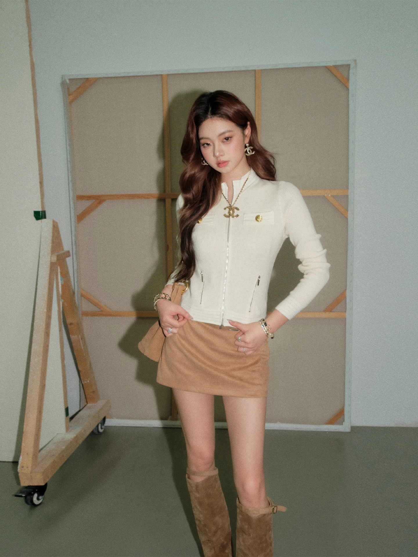 

Женский кардиган Olivia Duo с круглым вырезом и молнией, вязаный, с металлическим декором, приталенный, универсальный, модный, для повседневной носки