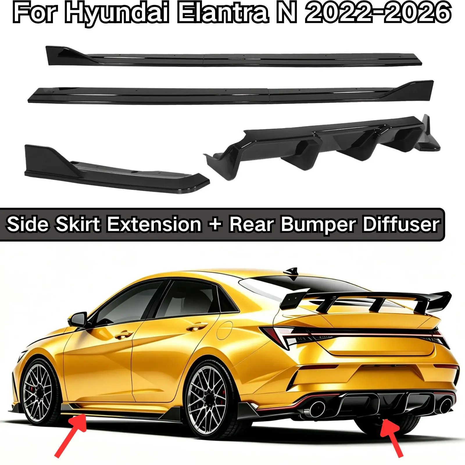 For Hyundai Elantra N-Line/N 2022-2026 Front Bumper Lip Side Skirt Extension Rear Bumper Diffuser Car Accessories Glossy Black