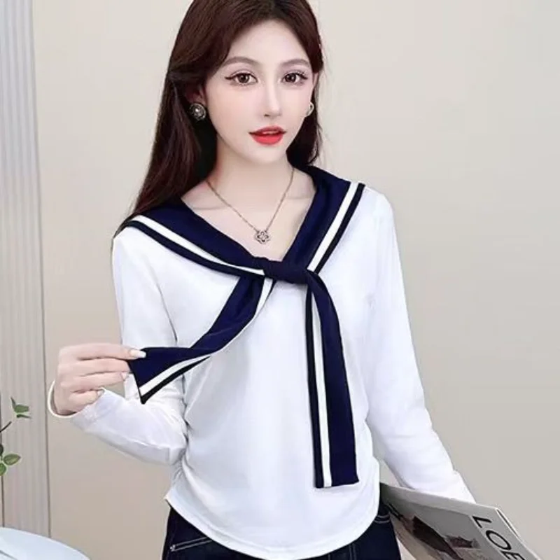

Новинка 2025, осенняя темно-синяя футболка с шалью и длинными рукавами, женский темпераментный универсальный топ
