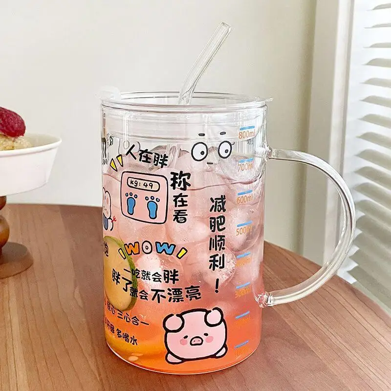 

Large Capacity 2000ml Glass Water Cup for Weight Loss Straw Cup Women's Style Hand Carved Water Bottle with Lid And Handle