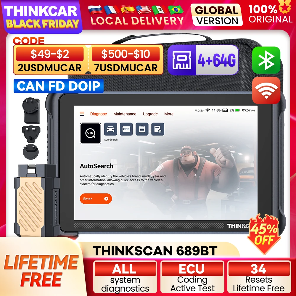 THINKCAR THINKSCAN 모든 시스템 자동차 진단 도구, 양방향 OBD2 스캐너, ECU 코딩, 34 가지 서비스, CANFD DoIP, 689BT 