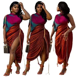 Elegant Women Midi Dress One Shoulder Loose Sexy Slash Neck Bandage Evening Dress 2023 Summer Sexy High Slit Club Party Vestidos