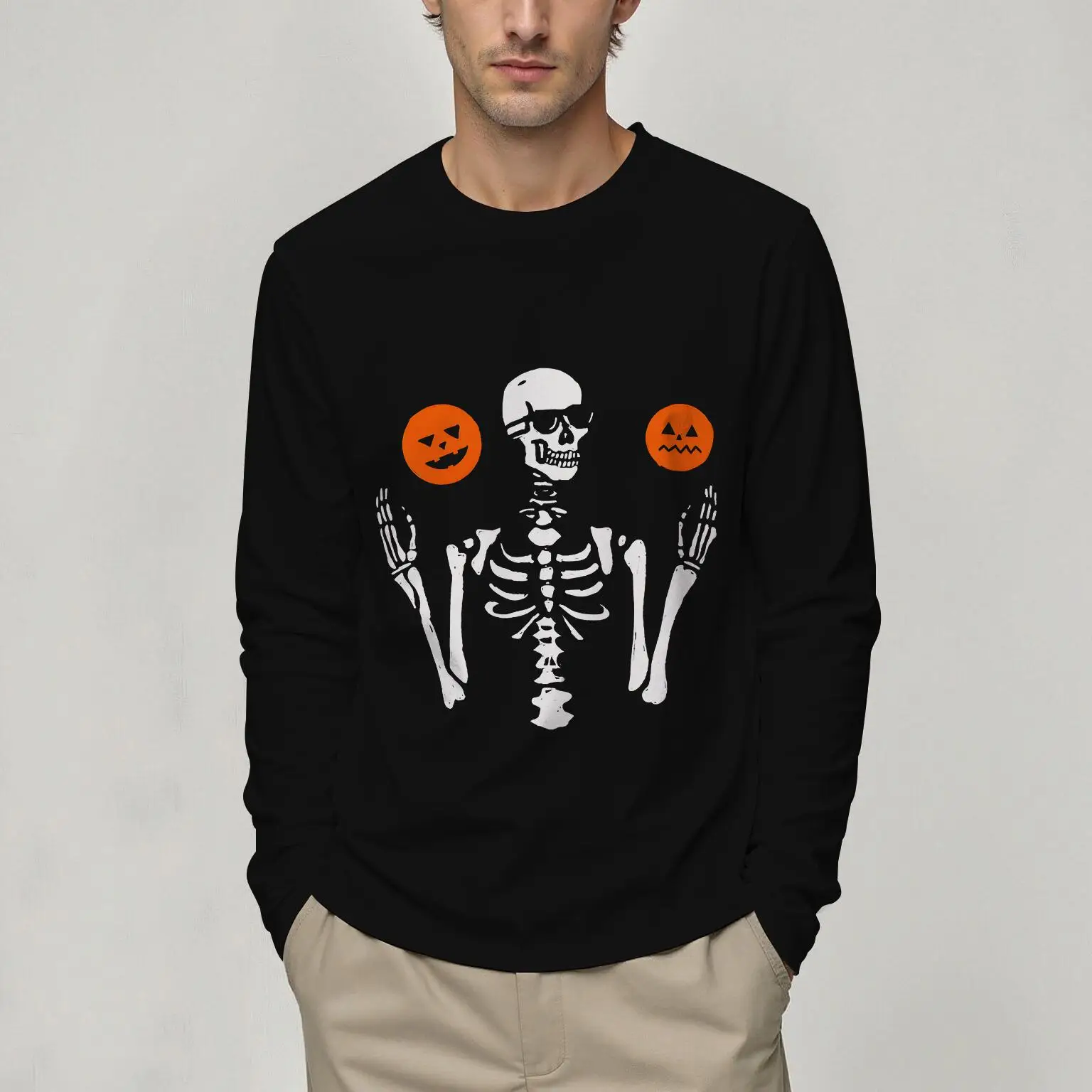 Langarm-T-Shirt, neues Herren-Rundhalsausschnitt, Frühling und Herbst, Totenkopf-Kürbis, lässige Mode, bequemes All-Match
