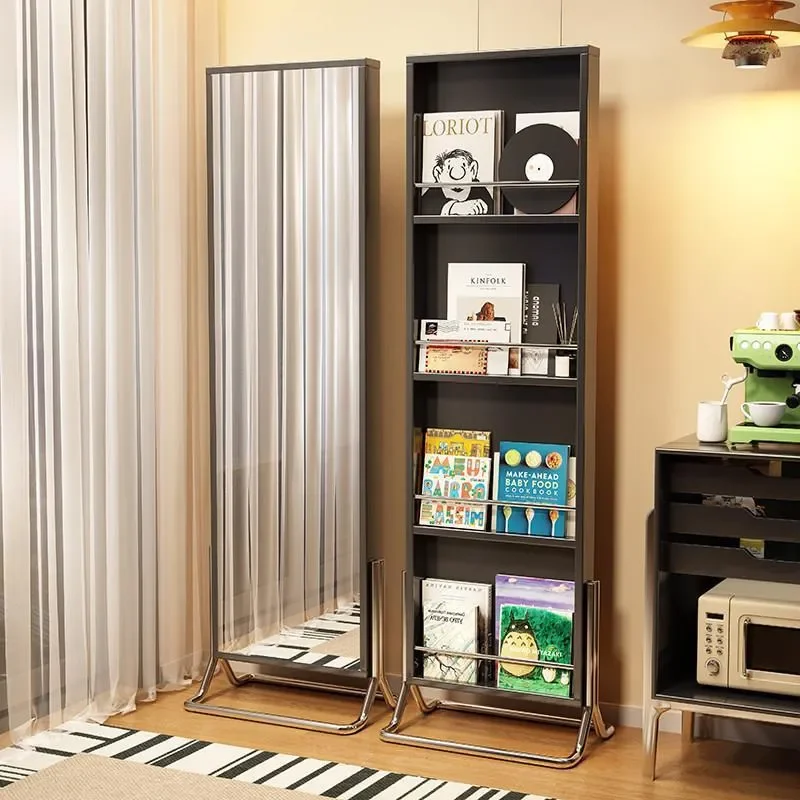 for Solid Wood Full Body Mirror Floor Standing Medieval Style with Magazine Rack Storage Movable Full Length Mirror for Home