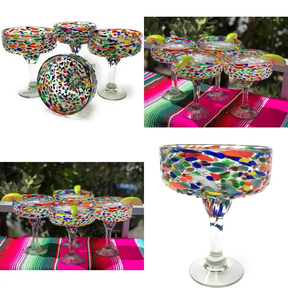 مجموعة نظارات مارغريتا المكسيكية المصنوعة يدويًا مكونة من 4 قطع بتصميم قصاصات، سعة 16 أونصة، مثالية للاحتفالات والحفلات